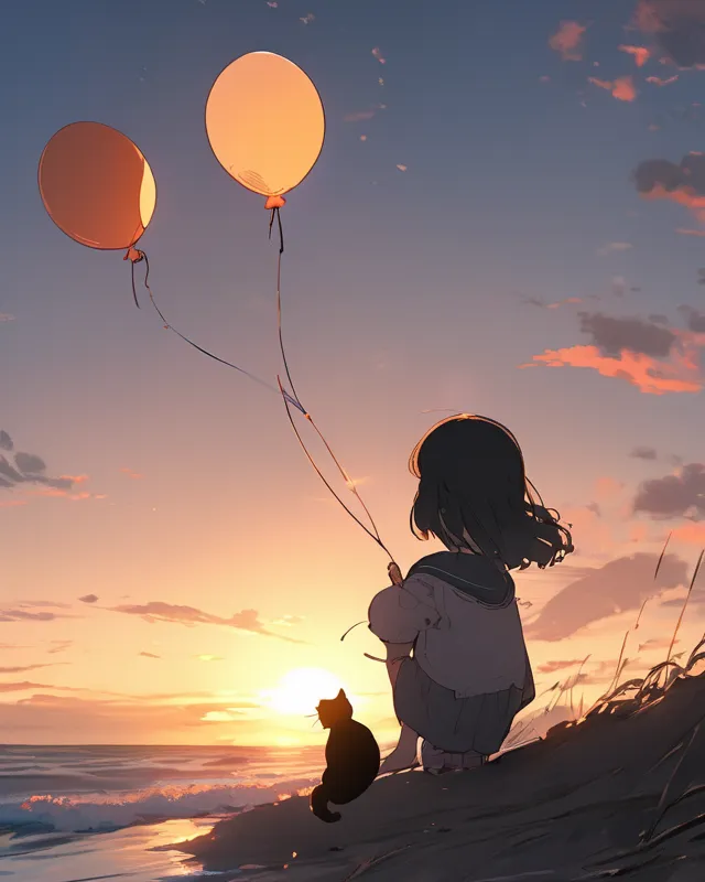 Girl holding a balloon with a cat inside of it...struggling to keep ahold of it, deep meaning aesthetic glory sunset outside on a quiet beach 4k