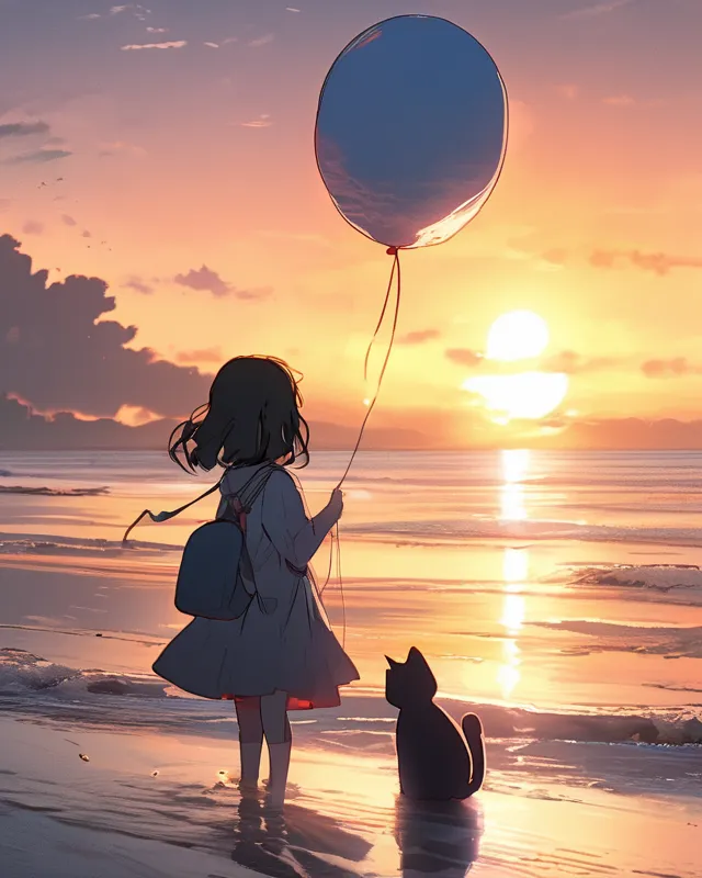 Girl holding a balloon with a cat inside of it...struggling to keep ahold of it, deep meaning aesthetic glory sunset outside on a quiet beach 4k