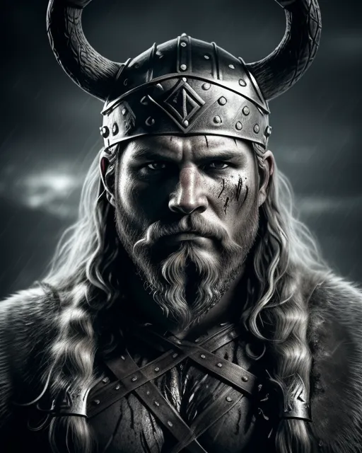 A close-up shot of a fierce Viking King, covered in dripping wet black mud, wearing a dark metal helmet with imposing black horns. His dark warpaint and scruffy black beard emphasize his angry expression, while a scar on his face tells a story of battles fought. The scene is bathed in cinematic lighting with dramatic volumetric rays, creating a moody and intense atmosphere. The Viking King grips his menacing Viking Axe