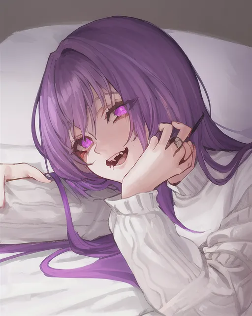 A mature girl, her name is Yuri. She has long down purple hair. Her eyes are the same purple color, and on a long strand of hair is a clip of the same purple color. She is wearing a white sweater with brown leggings, her long sleeves are rolled up and there are fresh bleeding cuts on her arms. She is lying on the bed, next to her lying on the bed is a bloody knife with which she cut her hand.There's crazy excitement on her face. She did it out of excitement, cutting her hands was her fetish.