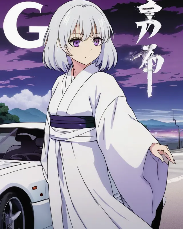 The background is a pale purple sky and reflective ground, a pure white car with broken glass, and in the foreground is a white-haired female ghost in a white kimono, with the word "GG" written in a horror-like font.This is an anime illustration.