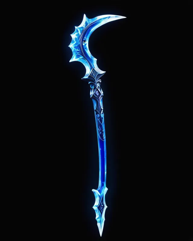A staff glaive made of shining blue ice, against a dark background
