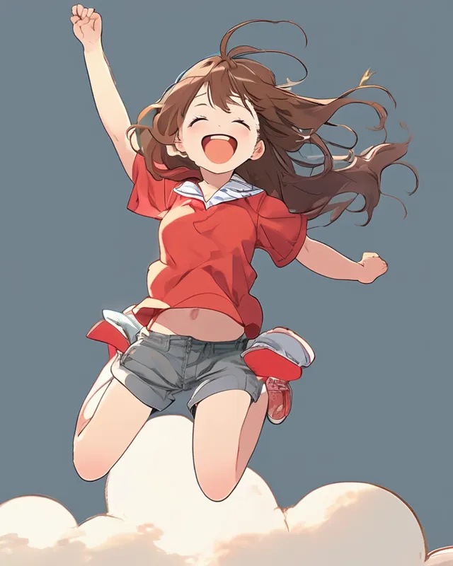 girl with long brown hair is very cute and tall with a smile on her face jumping on a cloud. She is wearing shorts and a red shirt.