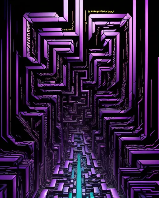 The first trial came in the form of a labyrinth of shifting shadows, where reality itself seemed to warp and twist in an endless maze of deception,purple neon trim, gold background, white abd black neon maze with green tint