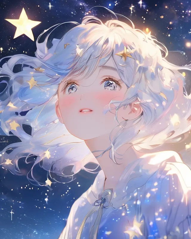 , Celestial, Pretty, Glass Like Hair, Ambient, Lunar, Celestial, Starry, Masterpiece, Breathtaking, Looking At Viewer, Faint Blush, 4k, Glass Skin, star girl, teenage