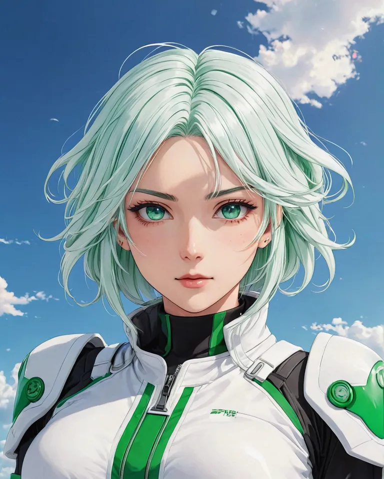 Beautiful girl with white glossy hair, one green and one blue eye, in a futuristic mecha warrior suit of the future, a bit of blood y her face and suit, apocalyptic world, 4K, digital art, dinamic composition, beautiful colors, illustration, high detailed 
