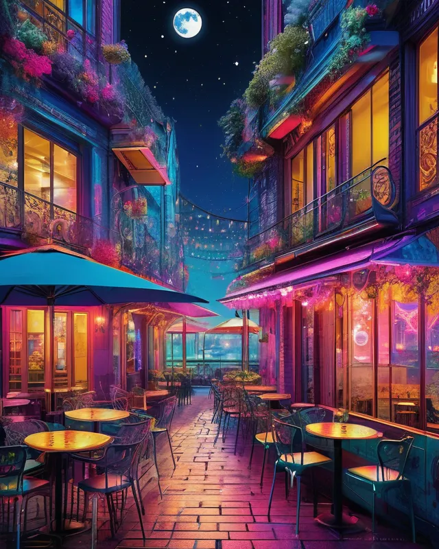 A modern street cafe.  Bright moon.   Design inspired by Alexander Jansson and Yuumei l.  Color scheme inspired by Lisa Frank.  Phantasmagoric.  Intricately detailed