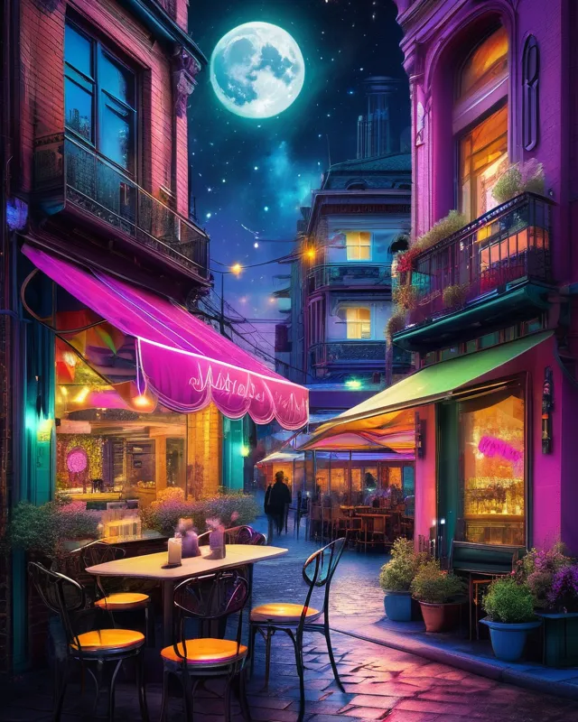 A modern street cafe.  Bright moon.   Design inspired by Alexander Jansson and Yuumei l.  Color scheme inspired by Lisa Frank.  Phantasmagoric.  Intricately detailed