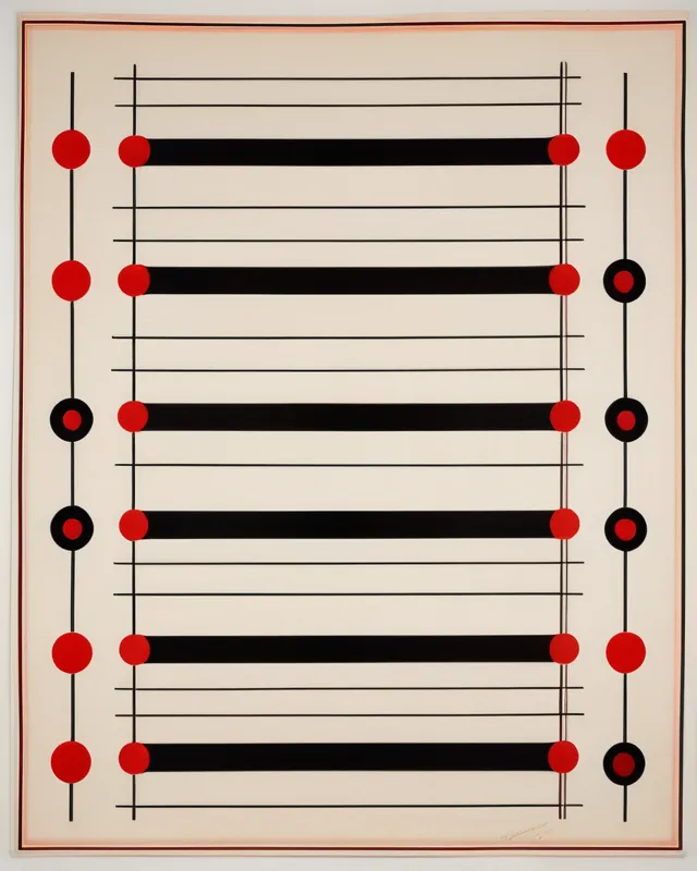 Five black circles varied diameters intersected by ten horizontal red lines, five vertical white lines, diffused beige background