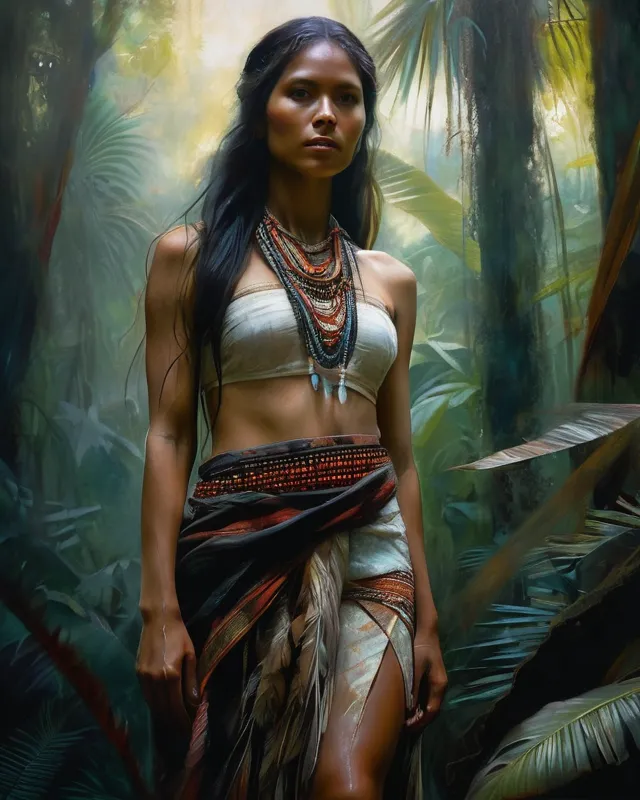 an outstanding full body full length portrait of a beautiful American lady in native dress, gentle expression, beautiful expressive eyes, jungle backdrop, art by Charles Miano, Alyssa Monks, Carne Griffiths, Susan Boulet, moody, dark, colored pencil drawing, dynamic light and composition, truly masterpiece of art, chiaroscuro effect , three point lighting, delicate brushstrokes, dark and mysterious, otherworldly, fantasy ((accurate anatomy)), ((accurate hands)),(accurate feet)