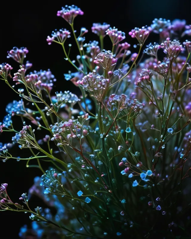 (A spectacular bioluminescent collection of a great many (((multicolored))) baby’s breath flowers), ￼
Dreamy, volumetric Lighting, photorealistic, ￼ translucent, exceptional detail, ￼Intricate Details,

dark background, ￼(blurred dreamy background), (miniature water drops on ￼baby￼’s breath flowers,), 

pastel colored baby’s breath flowers, high saturation, high contrast, high dynamic range photography, 8k resolution 