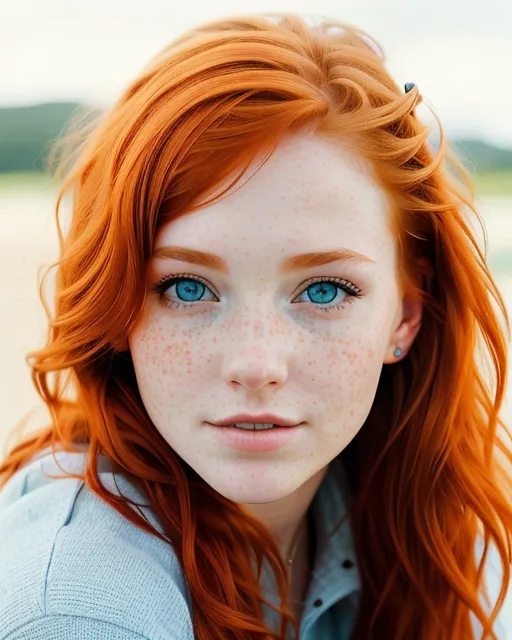 Beautiful young teen girl with reddish hair, freckles, cute small nose and beautiful blue eyes 