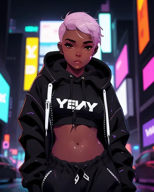  Black female with white short pixie hair and white eyes with a dark hoodie.
