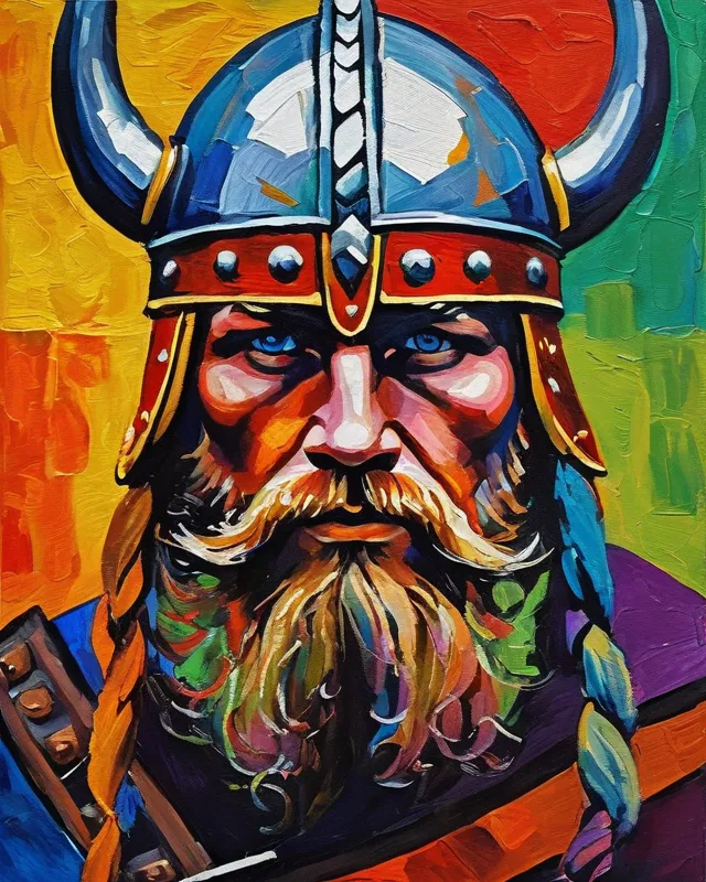 Viking legend, fauvist portrait painting,  detailed,  expressionist portrait,  hd portrait art,  modern fauvism,  hyperrealism,  fine art