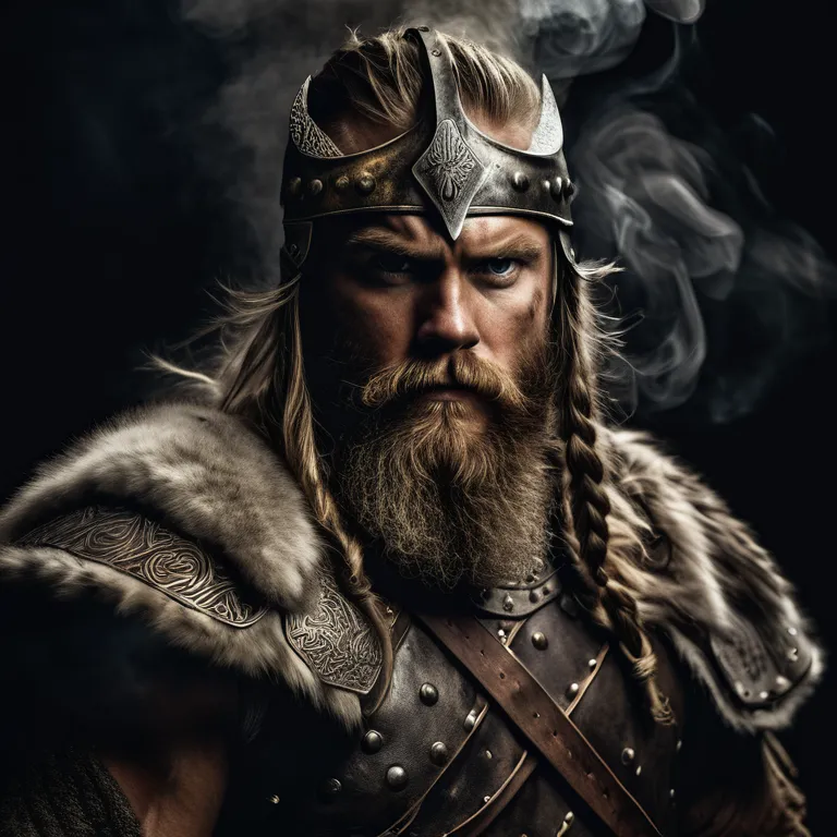 Artwork by Albert Watson, a fierce male Viking warrior, bearded, daunting, background of smoke and destruction, dramatic lighting, chiaroscuro,