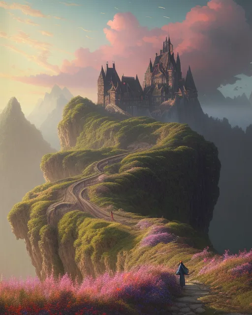 A woman looking at a basic castle - Free AI Photo Generator - starryai