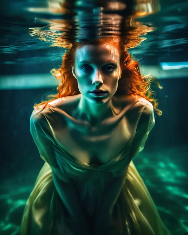 An ominous full body portrait underwater portrait elegance, colored lighting, dramatic,  surreal,  beautiful ginger woman,  atmospheric, moody, ethereal, rippling silk, hearbreaking, hdr, beautifully shot, hyperrealistic, sharp focus, 