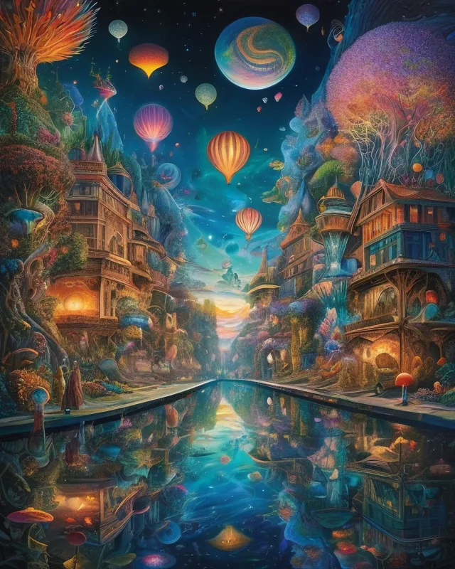 Dreamscapes, 
A visual representation of mysterious dreams, featuring surreal and imaginative scenes that blend reality with fantasy, evoke emotion, and explore the worlds of the subconscious mind,dreamscape, ethereal,; Prismatic, Whimsical, Intricate details; Compounds of forward, axonometric and reverse perspective, Multiple vanishing points, Aerial perspective: sfumato, extremely highly Detailed, Colourful, High Quality, 8k, trending on artstation
