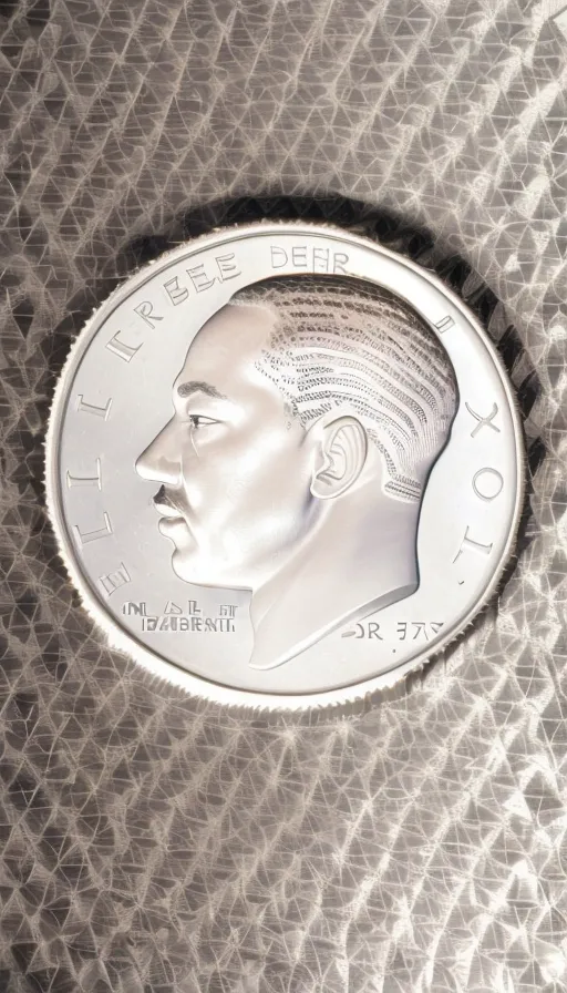 An American dime, but Dr Martin Luther King Jr.. Martin Luther King on an American dime. Profile of Martin Luther King Jr on an American dime. Photo realistic, very realistic dime, perfect dime with Dr Martin Luther King Jr on the dime. Silver dime with silver Martin Luther King Jr on the dime