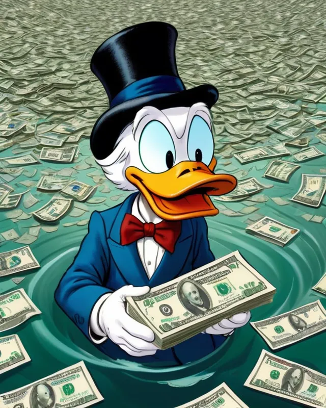 Dreamscape, Scrooge McDuck swimming through a sea of money, surrealism