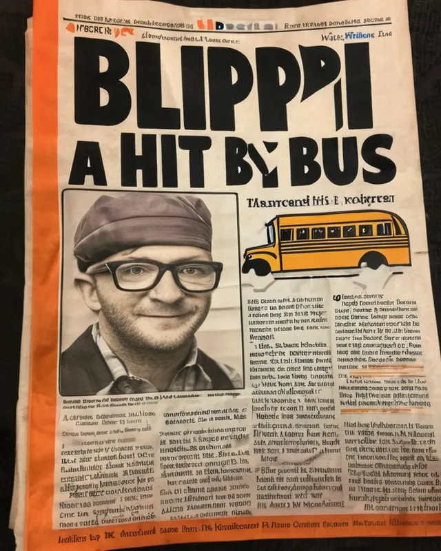 Newpaper article that reads "BLIPPI WAS HIT BY A BUS" 