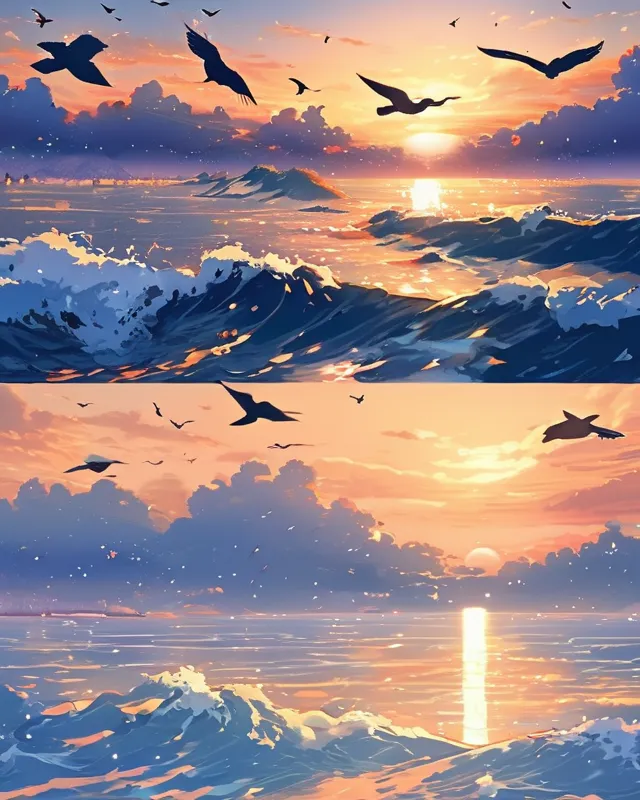 cute birds flying over the very detailed beautiful ocean in a very detailed sunset, anime 90 style