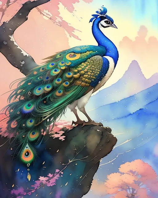 A beautiful peacock sitting facing sky - AI Photo Generator - starryai