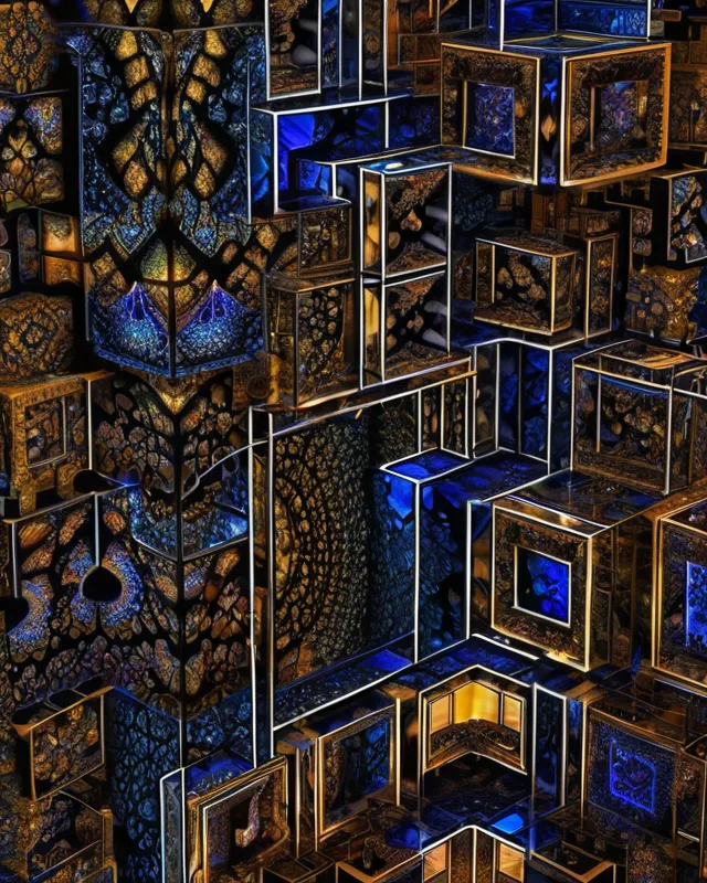 Fractal Tetris with MC Escher, fractal splash art, liquid fractals, rooms within rooms, 32K 3D, 32k resolution, 32k, unbelievably high detail, motion blur, rich textures, extremely high contrast, Rendered in Cinema4D, HDR, Cry Engine, Blender Engine