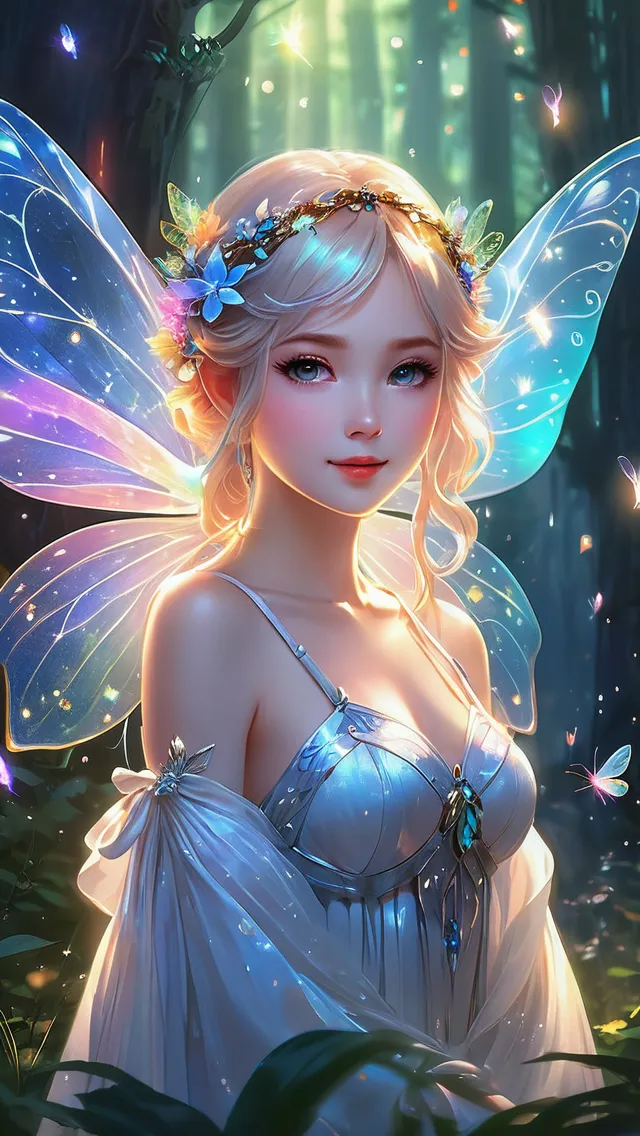 anime, Adorable Cute, Disney cartoon, cute Beautiful ethereal fairy covered in magical glow with detailed rainbow features in mystical forest with illuminating fireflies, sparkles, Glow Ethereal Enchanted Garden, Big Shiny Eyes, Love Energy, Soft Lighting, Sharp Focus, By Marc Simonetti & Yoji Shinkawa & WLOP, Paint Drops, Rough Edges, Trending On Artstation, Studio Photo, Intricate Details, Highly Detailed, Detailed Matte Painting, Deep Color, Fantastical, Intricate Detail, Splash Screen, Compleme