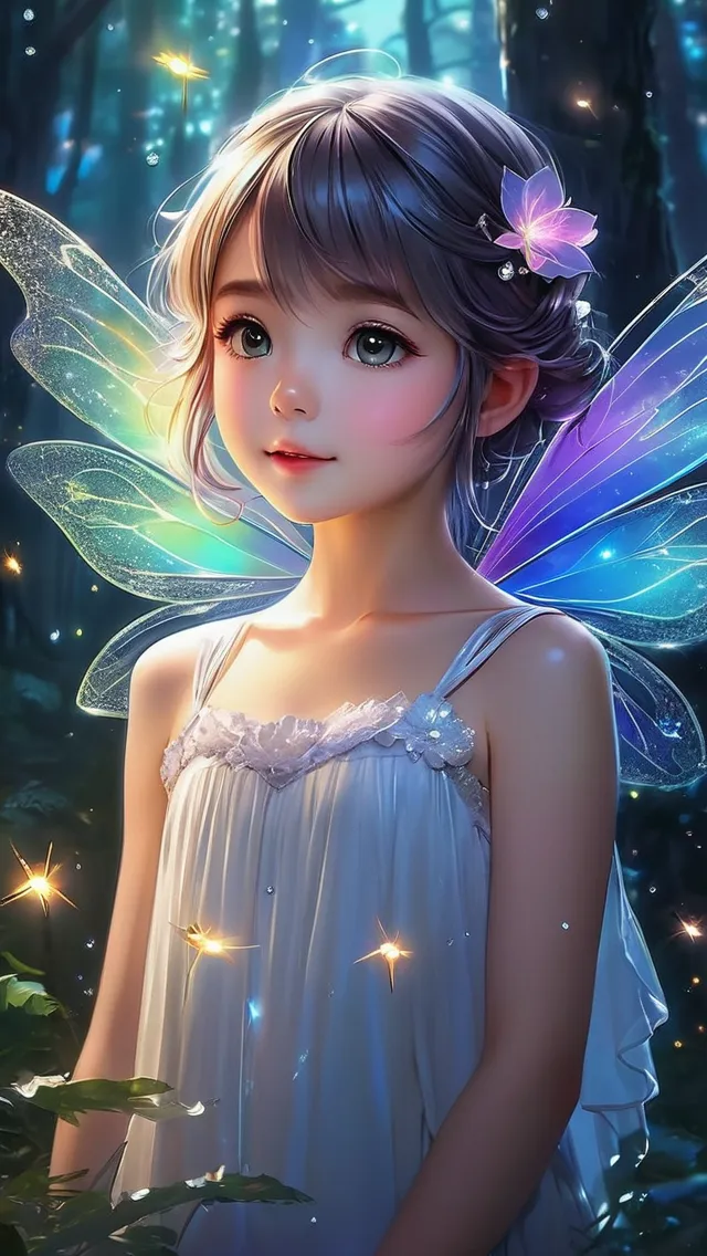 anime, Adorable Cute, Disney cartoon, cute Beautiful ethereal fairy covered in magical glow with detailed rainbow features in mystical forest with illuminating fireflies, sparkles, Glow Ethereal Enchanted Garden, Big Shiny Eyes, Love Energy, Soft Lighting, Sharp Focus, By Marc Simonetti & Yoji Shinkawa & WLOP, Paint Drops, Rough Edges, Trending On Artstation, Studio Photo, Intricate Details, Highly Detailed, Detailed Matte Painting, Deep Color, Fantastical, Intricate Detail, Splash Screen, Compleme