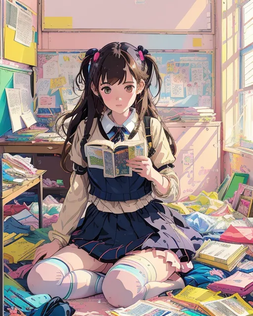 A really messy and cluttered but fun and colourful bedroom of a school girl full of books, clothes, teddies and posters, colorful, detailed, storybook illustration, comic