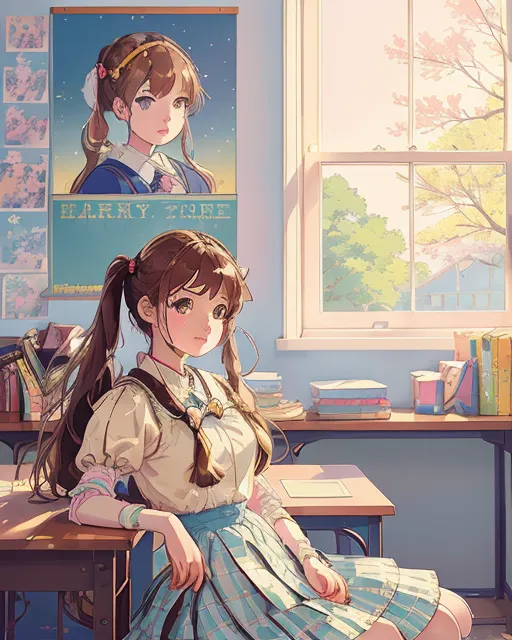 A beautiful and colourful classroom of a school girl, class fellows, posters, colorful, detailed, storybook illustration, comic