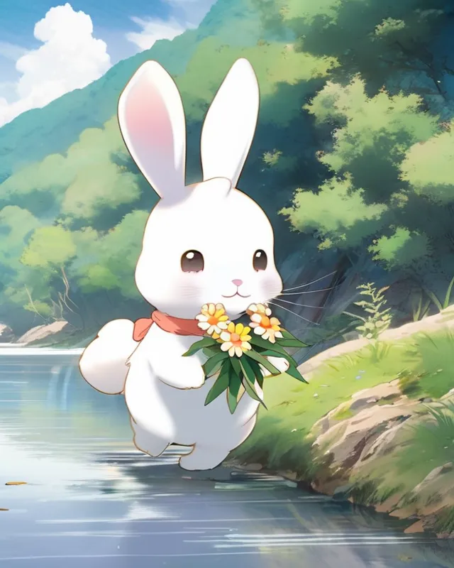 cute white bunny holding a flower - Free AI Photo Generator - starryai