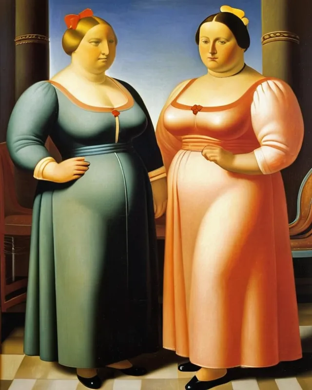 A spirited discussion between Two ladies dressed in a formal way , Botero 