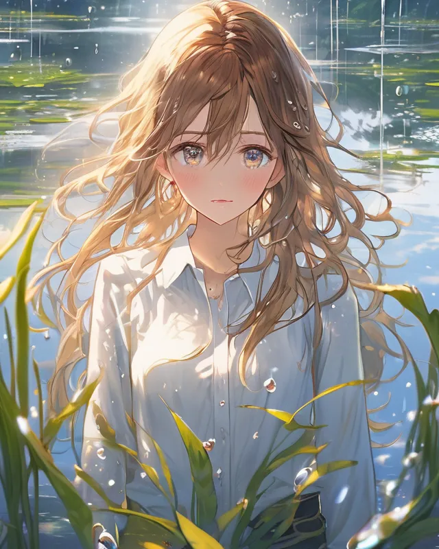 Anime illustration of a girl in a white shirt, intricate light brown hair, symmetrical, expressive anime eyes, standing in the middle of a beautiful lake surrounded by reflective raindrops, insane resolution, 8k, highly intricate, extremely detailed, digital art, digital painting, digital illustration, anime, reflective raindrops, intricate hair, expressive eyes, white shirt, lake setting, high quality, HD, trending on artstation, pixiv, Blender in Render