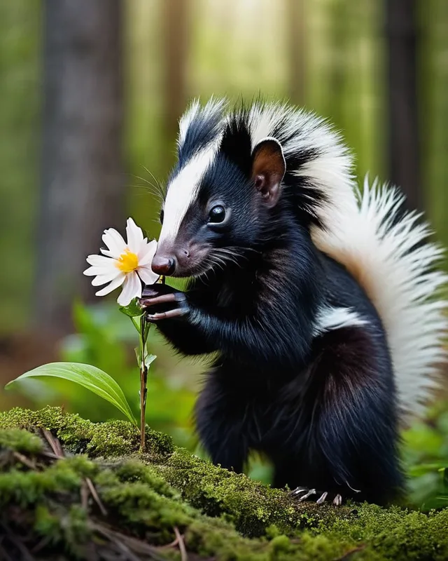 A cute skunk in the forest smelling a flower