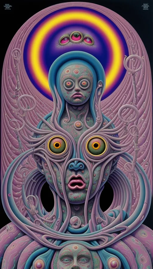 Consternation of Perplexities., Trippy, Neo-Surrealism , Artwork by Alex Grey, Cameron Gray, Lisa Frank , Gerald Scarfe, rough Neon , high quality