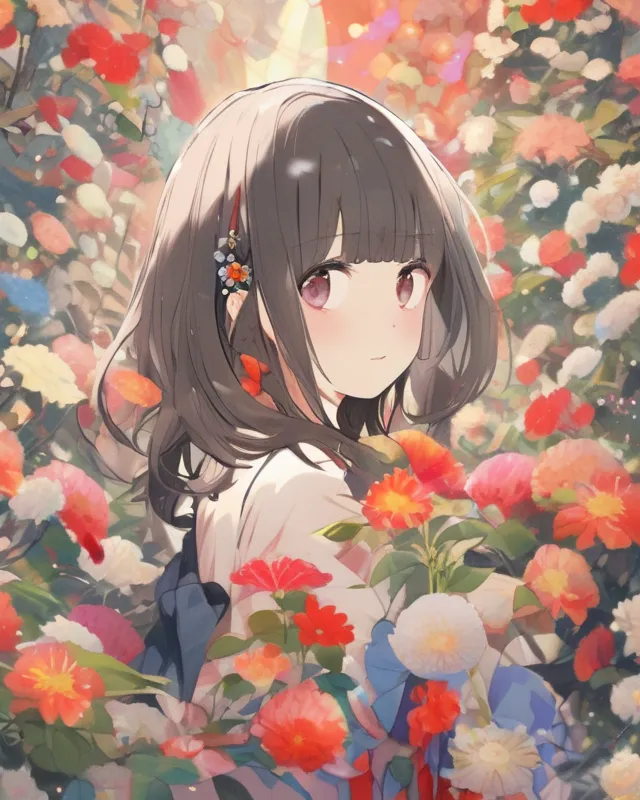 Love, around her flower background 