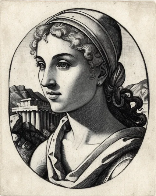 Head-and-shoulders portrait of a beautiful young woman. Rocky hills and Greek temples behind her, 