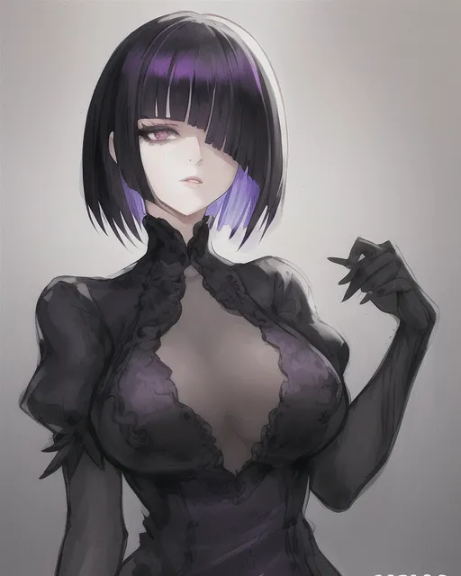 Her hair is short and with bangs, her hair is black, one eye is white and the other is dark purple, she is a very beautiful and very attractive girl.