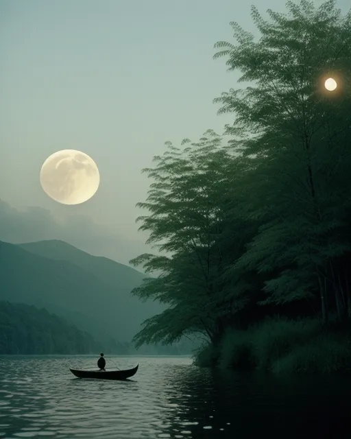 Trees, small boats,light moon, some people walking in a dark way, clouds. Plants around the lake