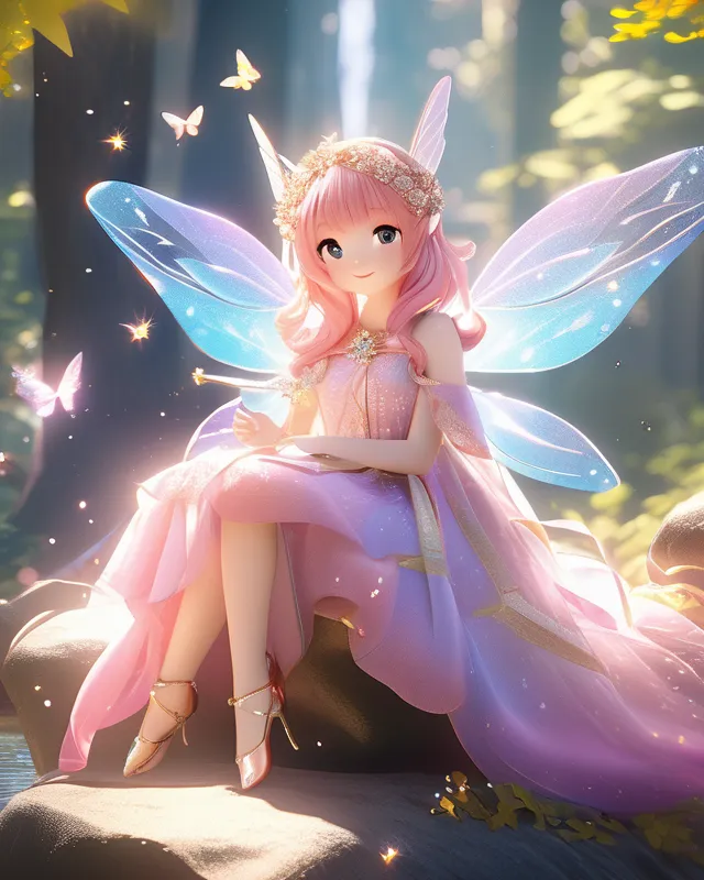 Beautiful fairy with elegant fairy wings, sitting on a rock in a magical sunlit forest, dappled sun light, god ray cinematic lighting, HD 4k, extremely sharp, detailed, masterpiece, digital painting, elegant attire, fairy wings, surreal forest, fantasy, ethereal, enchanted, fairy-tale, delicate features, shimmering wings, radiant glow, luminous, ethereal beauty, vibrant colors, high quality, digital art, magical, cinematic lighting, unity 3d, nvdia ray tracing