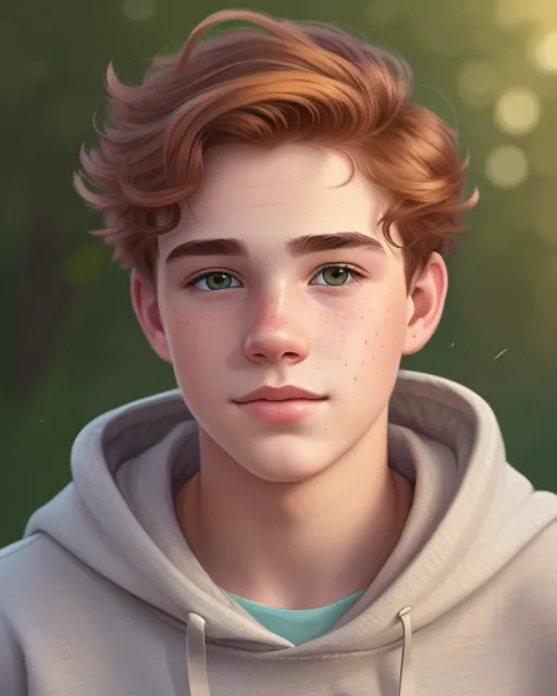 A pretty young man. He has short auburn hair, and green eyes. He is wearing a cute grey hoodie, has freckles 