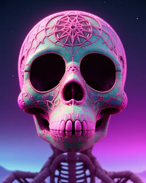 A pink sugar skull in a fantastical alien world with abundant life; long journey, Psychedelic, 8K 3D