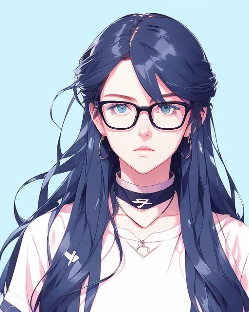 A bad girl with long hair and blue eyes who has glasses and soft plump lips