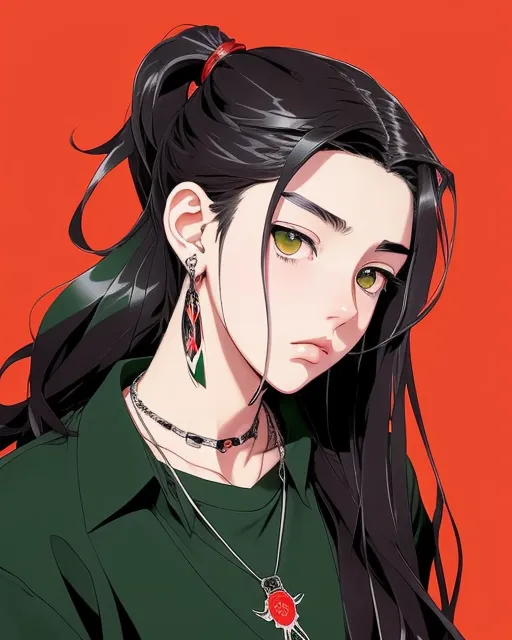 A teenage girl with long black hair and red highlights in her hair with green eyes and wearing a necklace and a black shirt with a rock band on it and soft big lips and a nose piercing and eyebrow piercing 