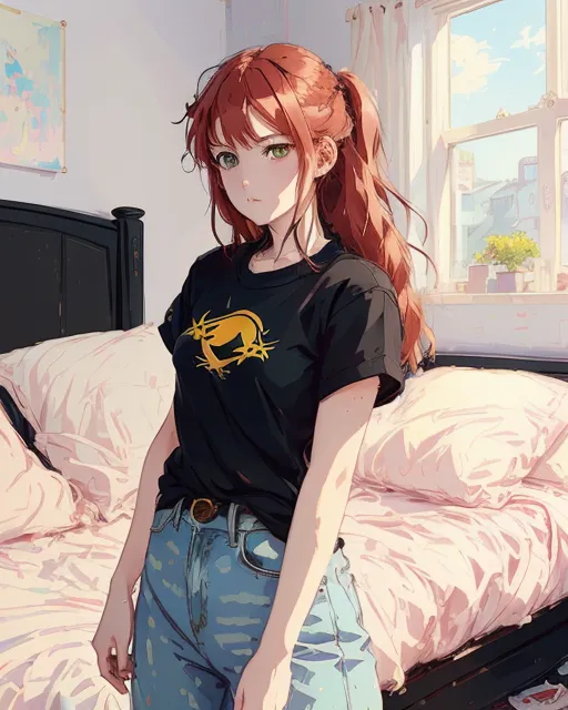 A girl in a messy bed room.She has red hair, blue eyes, wearing a black shirt and white jeans.