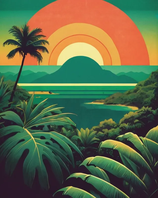 Cross processing print, in the style of Milton Glaser, art deco, brazilwave, junglecore, a tropical sunset