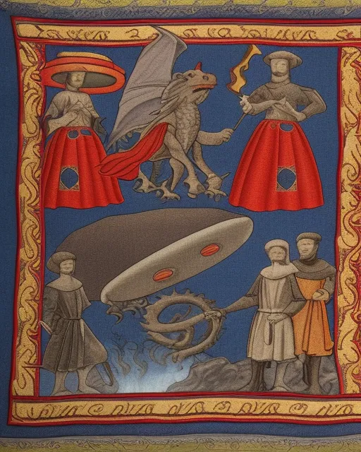 Medieval tapestries seamlessly edited to show knights looking up at a flashing UFO instead of a dragon in the sky.
, beautiful, ultra hd