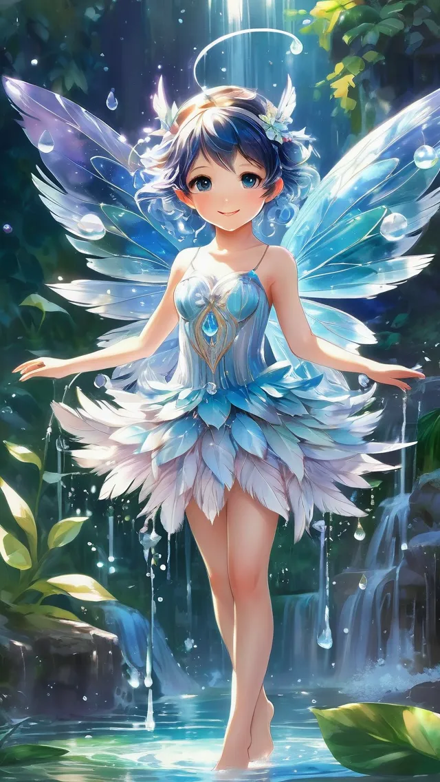 anime, Adorable Cute, Disney cartoon, cute Watercolor water fairy with bright splashes, dynamic pose, fit, slender, athletic body, with a thin waist and slender hips, a beautiful dress consisting of shiny feathers, Glow Ethereal Enchanted Garden, Big Shiny Eyes, Love Energy, Soft Lighting, Sharp Focus, By Marc Simonetti & Yoji Shinkawa & WLOP, Paint Drops, Rough Edges, Trending On Artstation, Studio Photo, Intricate Details, Highly Detailed, Detailed Matte Painting, Deep Color, Fantastical, Intricate Detail, Splash Screen, Compleme